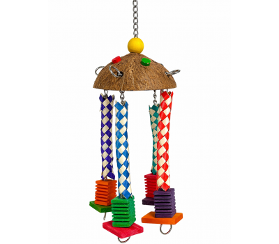 Juguete colgante multicolor para pájaros con coco natural