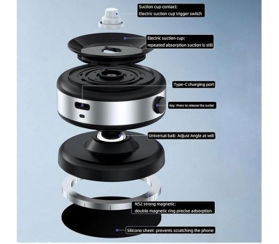 Soporte Magnético para Teléfono de Coche, Joyye Rotación 360° con Ventosa, Navegación para iPhone y Android (A-Negro)