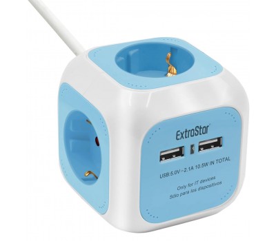 EXTRASTAR Regleta Enchufe 6 en 1 – 4 Tomas + 2 Puertos USB | Cubo Multienchufe de 1,5 m | 3680W / 16A – Azul