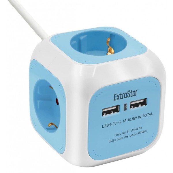 EXTRASTAR Regleta Enchufe 6 en 1 – 4 Tomas + 2 Puertos USB | Cubo Multienchufe de 1,5 m | 3680W / 16A – Azul Iluminación LED y Accesorios EXTRASTAR Regleta Enchufe 6 en 1 – 4 Tomas + 2 Puertos USB | Cubo Multienchufe de 1,5 m | 3680W / 16A – Azul Iluminación LED y Accesorios