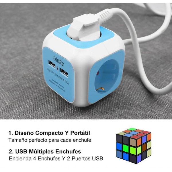 EXTRASTAR Regleta Enchufe 6 en 1 – 4 Tomas + 2 Puertos USB | Cubo Multienchufe de 1,5 m | 3680W / 16A – Azul Iluminación LED y Accesorios EXTRASTAR Regleta Enchufe 6 en 1 – 4 Tomas + 2 Puertos USB | Cubo Multienchufe de 1,5 m | 3680W / 16A – Azul Iluminación LED y Accesorios