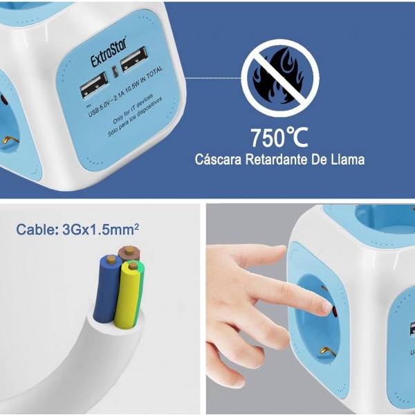 EXTRASTAR Regleta Enchufe 6 en 1 – 4 Tomas + 2 Puertos USB | Cubo Multienchufe de 1,5 m | 3680W / 16A – Azul Iluminación LED y Accesorios EXTRASTAR Regleta Enchufe 6 en 1 – 4 Tomas + 2 Puertos USB | Cubo Multienchufe de 1,5 m | 3680W / 16A – Azul Iluminación LED y Accesorios