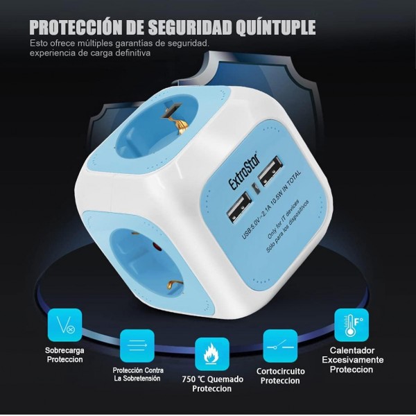EXTRASTAR Regleta Enchufe 6 en 1 – 4 Tomas + 2 Puertos USB | Cubo Multienchufe de 1,5 m | 3680W / 16A – Azul Iluminación LED y Accesorios EXTRASTAR Regleta Enchufe 6 en 1 – 4 Tomas + 2 Puertos USB | Cubo Multienchufe de 1,5 m | 3680W / 16A – Azul Iluminación LED y Accesorios