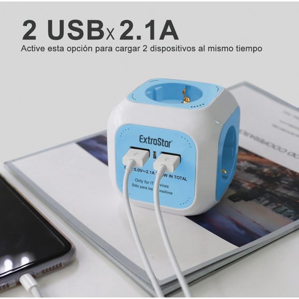EXTRASTAR Regleta Enchufe 6 en 1 – 4 Tomas + 2 Puertos USB | Cubo Multienchufe de 1,5 m | 3680W / 16A – Azul Iluminación LED y Accesorios EXTRASTAR Regleta Enchufe 6 en 1 – 4 Tomas + 2 Puertos USB | Cubo Multienchufe de 1,5 m | 3680W / 16A – Azul Iluminación LED y Accesorios