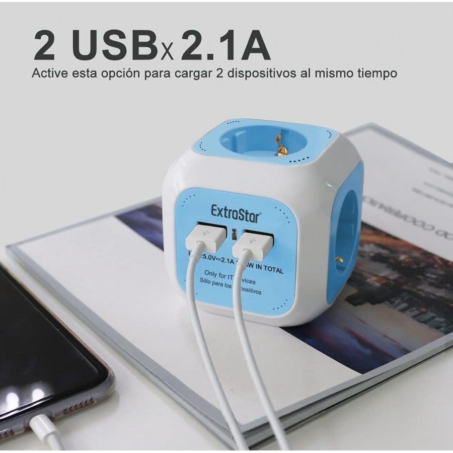 Cubo Regleta 7 En 1 Echos Con Cable De 2 Metros, 3 Enchufes, 2 USB-A Y 2 USB-C, Protección Contra Sobretensiones, 3680W, Ideal Para Casa Y Viajes