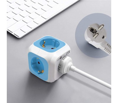 EXTRASTAR Regleta Enchufe 6 en 1 – 4 Tomas + 2 Puertos USB | Cubo Multienchufe de 1,5 m | 3680W / 16A – Azul